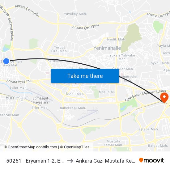 50261 - Eryaman 1.2. Etap Metro İstasyonu to Ankara Gazi Mustafa Kemal Devlet Hastanesi map