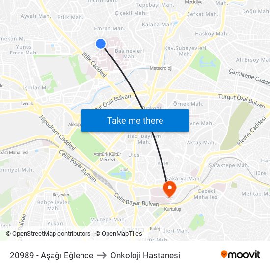 20989 - Aşağı Eğlence to Onkoloji Hastanesi map