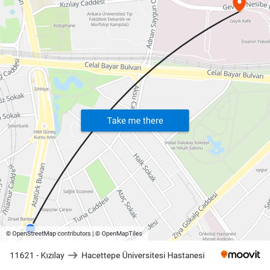 11621 - Kızılay to Hacettepe Üniversitesi Hastanesi map