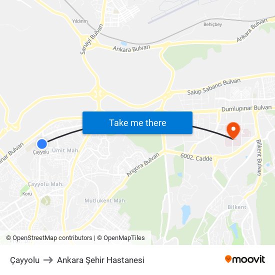 Çayyolu to Ankara Şehir Hastanesi map