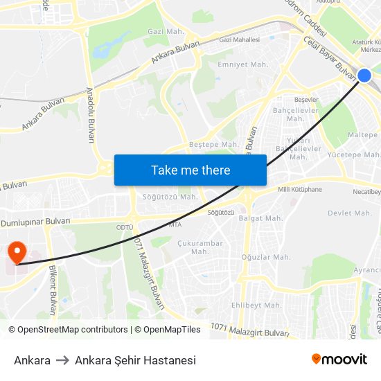 Ankara to Ankara Şehir Hastanesi map