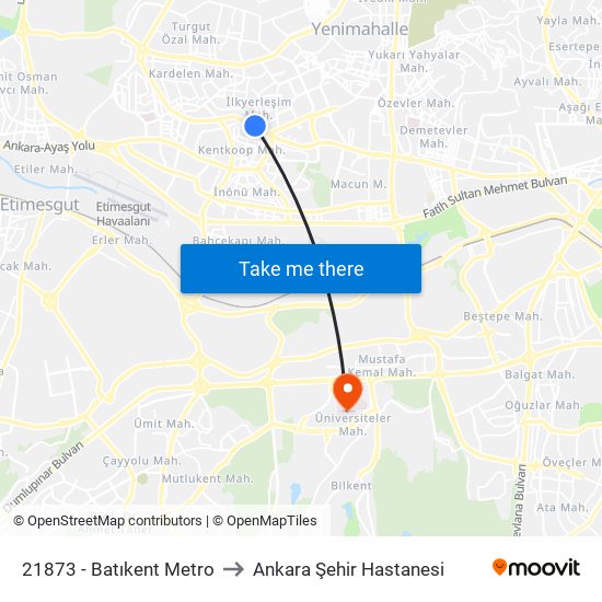 21873 - Batıkent Metro to Ankara Şehir Hastanesi map