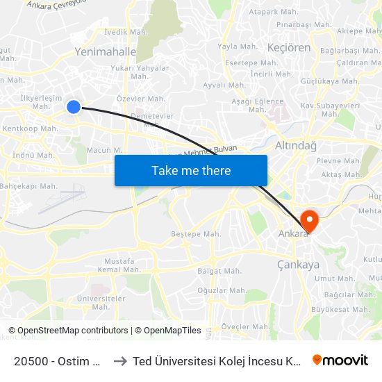 20500 - Ostim Metro to Ted Üniversitesi Kolej İncesu Kampüsü map