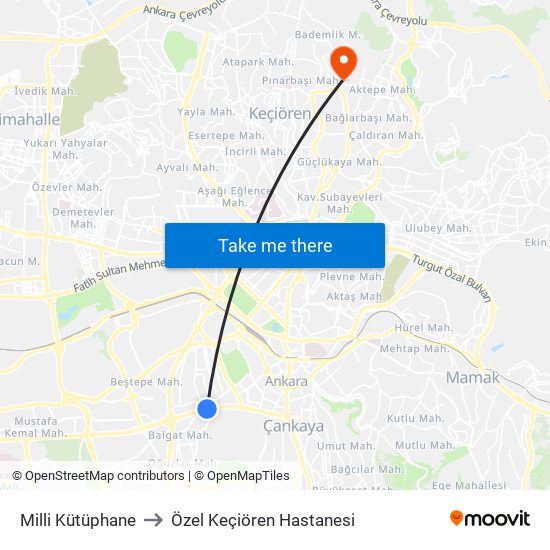 Milli Kütüphane to Özel Keçiören Hastanesi map