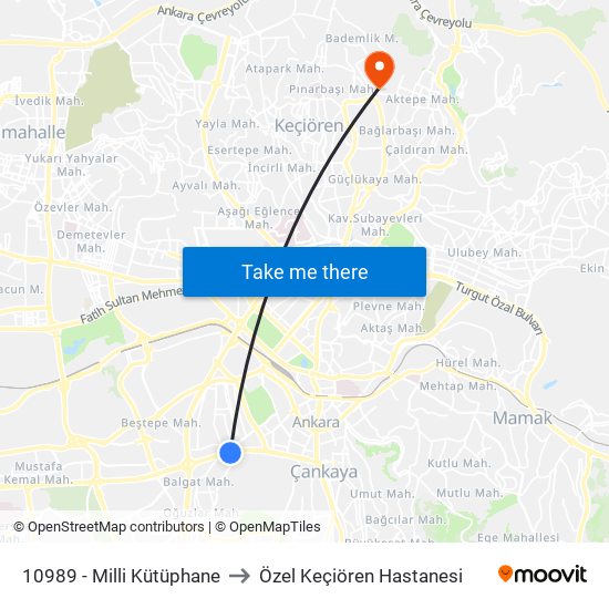 10989 - Milli Kütüphane to Özel Keçiören Hastanesi map