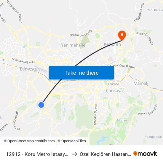 12912 - Koru Metro İstasyonu to Özel Keçiören Hastanesi map