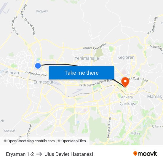 Eryaman 1-2 to Ulus Devlet Hastanesi map