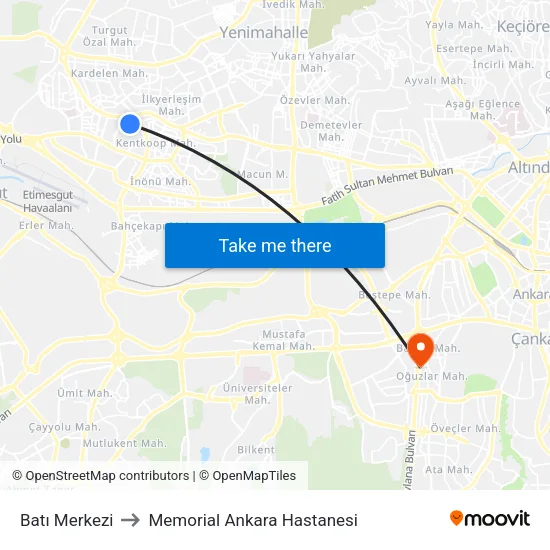 Batı Merkezi to Memorial Ankara Hastanesi map