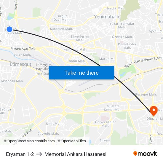 Eryaman 1-2 to Memorial Ankara Hastanesi map