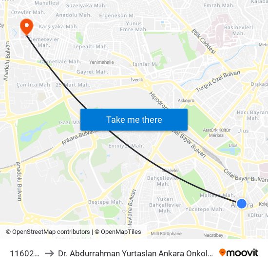 11602 - Kızılay to Dr. Abdurrahman Yurtaslan Ankara Onkoloji Eğitim ve Araştırma Hastanesi map