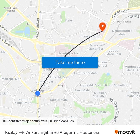 Kızılay to Ankara Eğitim ve Araştırma Hastanesi map