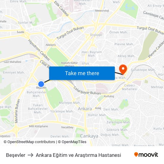 Beşevler to Ankara Eğitim ve Araştırma Hastanesi map