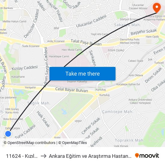 11624 - Kızılay to Ankara Eğitim ve Araştırma Hastanesi map