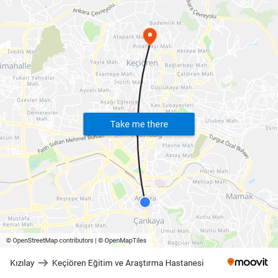 Kızılay to Keçiören Eğitim ve Araştırma Hastanesi map