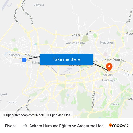 Elvankent to Ankara Numune Eğitim ve Araştırma Hastanesi map