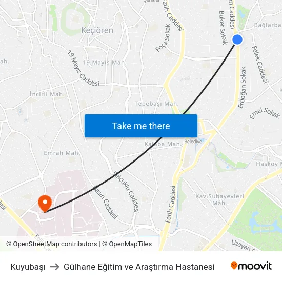 Kuyubaşı to Gülhane Eğitim ve Araştırma Hastanesi map