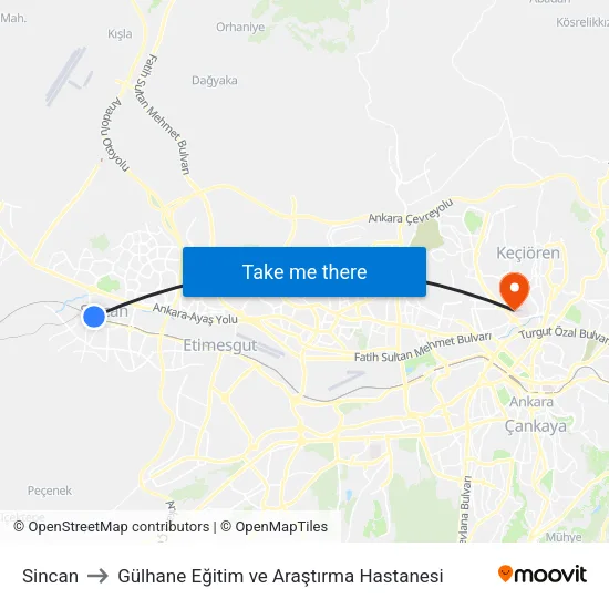Sincan to Gülhane Eğitim ve Araştırma Hastanesi map