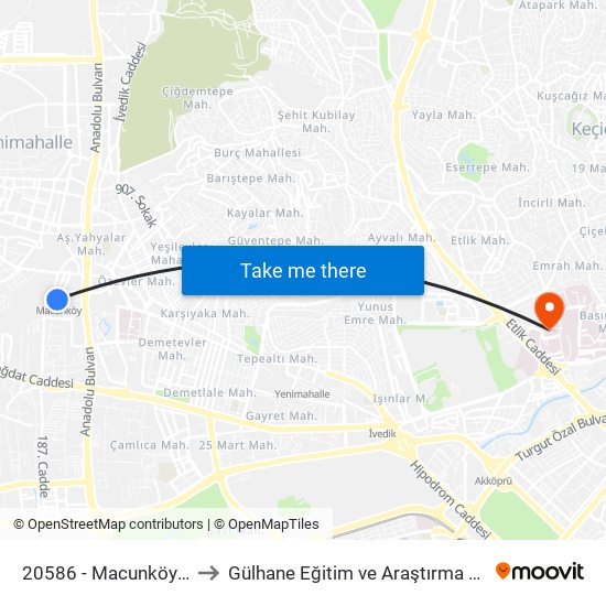 20586 - Macunköy Metro to Gülhane Eğitim ve Araştırma Hastanesi map