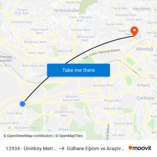 12934 - Ümitköy Metro İstasyonu to Gülhane Eğitim ve Araştırma Hastanesi map