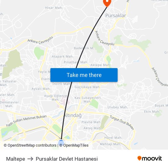 Maltepe to Pursaklar Devlet Hastanesi map
