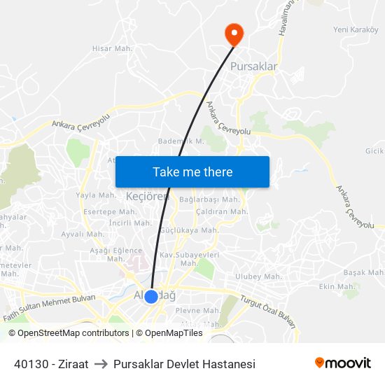 40130 - Ziraat to Pursaklar Devlet Hastanesi map