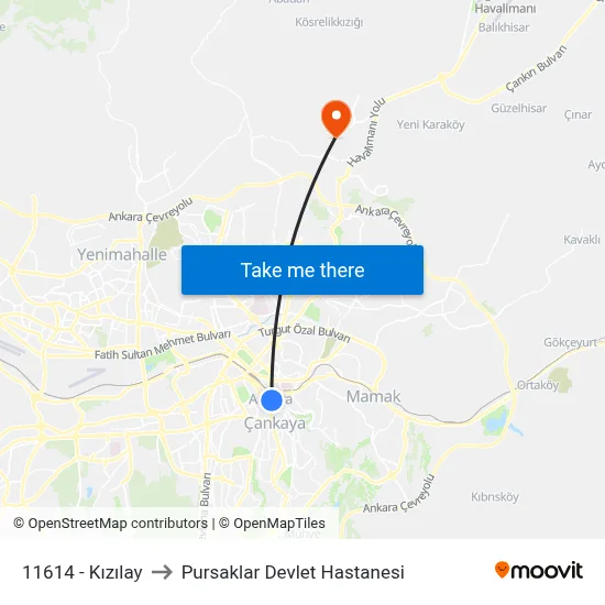 11614 - Kızılay to Pursaklar Devlet Hastanesi map