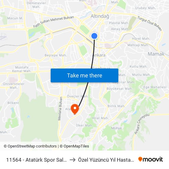 11564 - Atatürk Spor Salonu to Özel Yüzüncü Yıl Hastanesi map