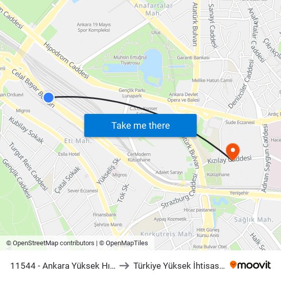 11544 - Ankara Yüksek Hızlı Tren Garı to Türkiye Yüksek İhtisas Hastanesi map