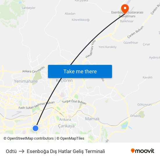 Odtü to Esenboğa Dış Hatlar Geliş Terminali map