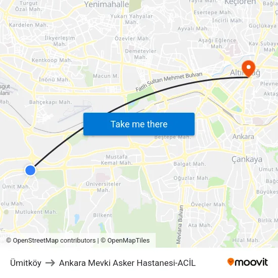 Ümitköy to Ankara Mevki Asker Hastanesi-ACİL map