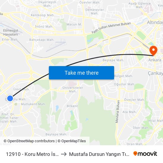 12910 - Koru Metro İstasyonu to Mustafa Dursun Yangın Tıp Merkezi map