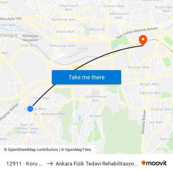 12911 - Koru Metro İstasyonu to Ankara Fizik Tedavi Rehabilitasyon Eğitim ve Araştırma Hastanesi map