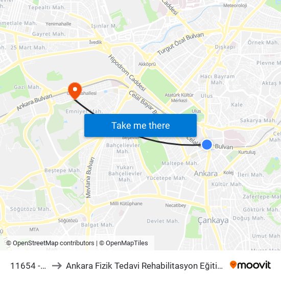 11654 - Sıhhiye to Ankara Fizik Tedavi Rehabilitasyon Eğitim ve Araştırma Hastanesi map
