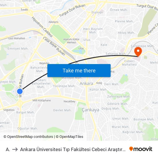 Aşti to Ankara Üniversitesi Tıp Fakültesi Cebeci Araştırma ve Uygulama Hastanesi (Ank. Üni Tıp F. Cebeci Ar map