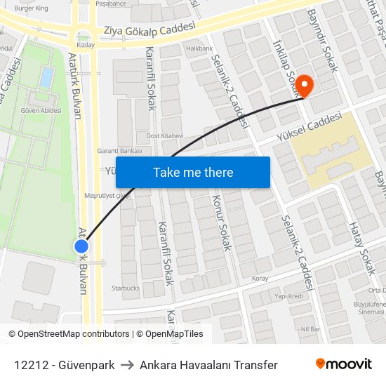 12212 - Güvenpark to Ankara Havaalanı Transfer map