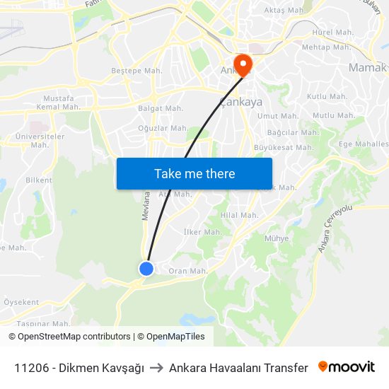 11206 - Dikmen Kavşağı to Ankara Havaalanı Transfer map