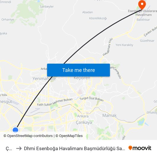 Çayyolu to Dhmi Esenboğa Havalimanı Başmüdürlüğü Satın Alma Ve İkmâl Müdürlüğü Mâli İşler Müdürlüğü map