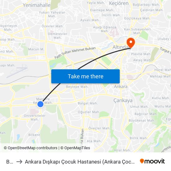 Bilkent to Ankara Dışkapı Çocuk Hastanesi (Ankara Çocuk Sağlığı ve Hastalıkları Hematoloji Onkoloji Eğitim ve map