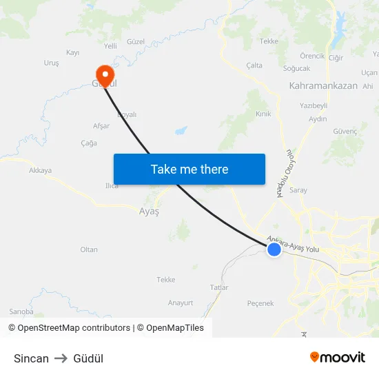 Sincan to Güdül map