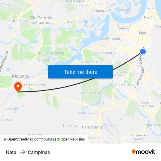 Natal to Campinas map