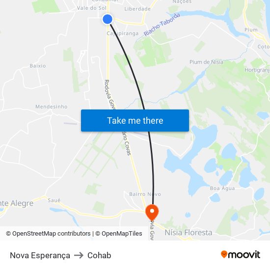 Nova Esperança to Cohab map