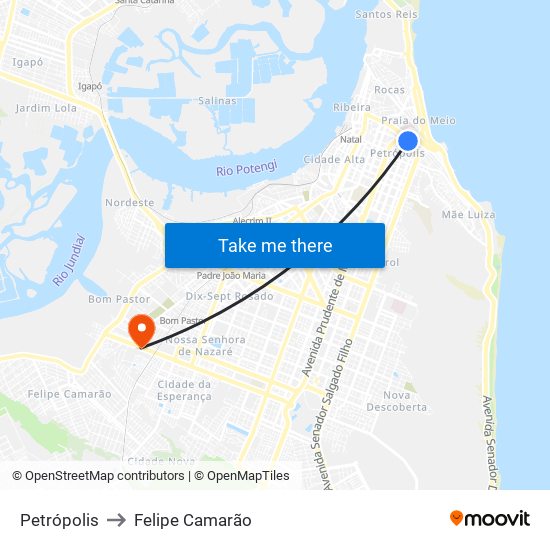 Petrópolis to Felipe Camarão map