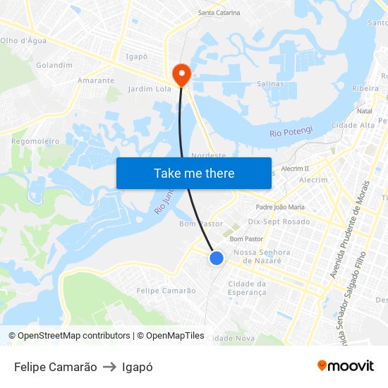 Felipe Camarão to Igapó map