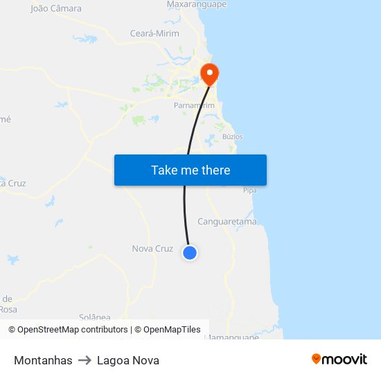 Montanhas to Lagoa Nova map