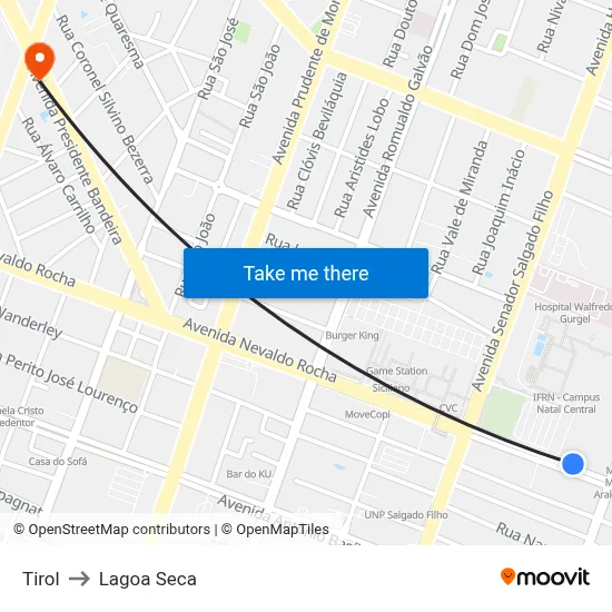 Tirol to Lagoa Seca map