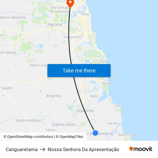 Canguaretama to Nossa Senhora Da Apresentação map