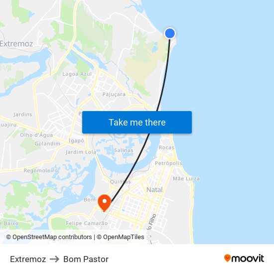 Extremoz to Bom Pastor map