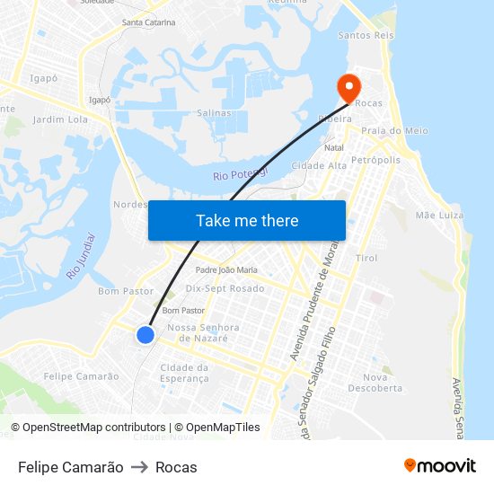 Felipe Camarão to Rocas map