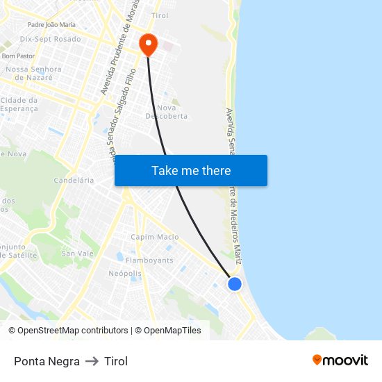 Ponta Negra to Tirol map