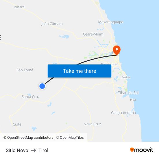 Sítio Novo to Tirol map